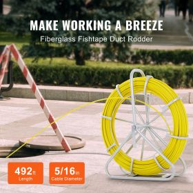 Fish Tape Fiberglass, 492 ft, 5/16 in, Duct Rodder Fishtape Wire Puller, Cable Running Rod with Steel Reel Stand, 3 Pulling Heads